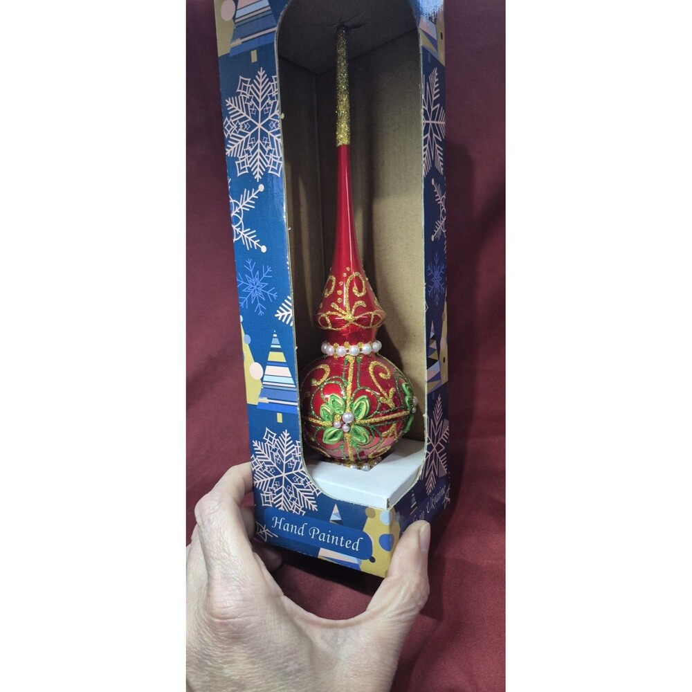 NIB BestPysanky Red Glass Christmas Tree Topper 11" Pearls Gold Glitter Ukraine